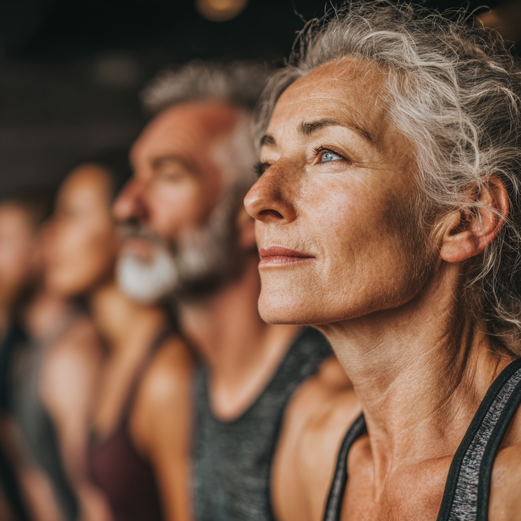 Group of adults aged 45-55 participating in functional training class, doing bodyweight exercises together, energetic atmosphere, diverse participants