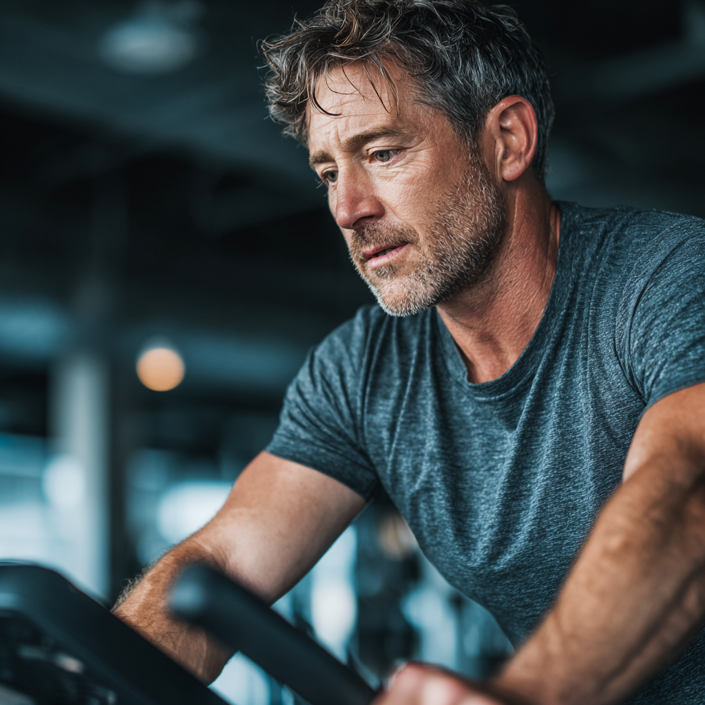 Mature man around fifty years old doing cardio workout on stationary bike in fitness center, focused expression, professional gym environment